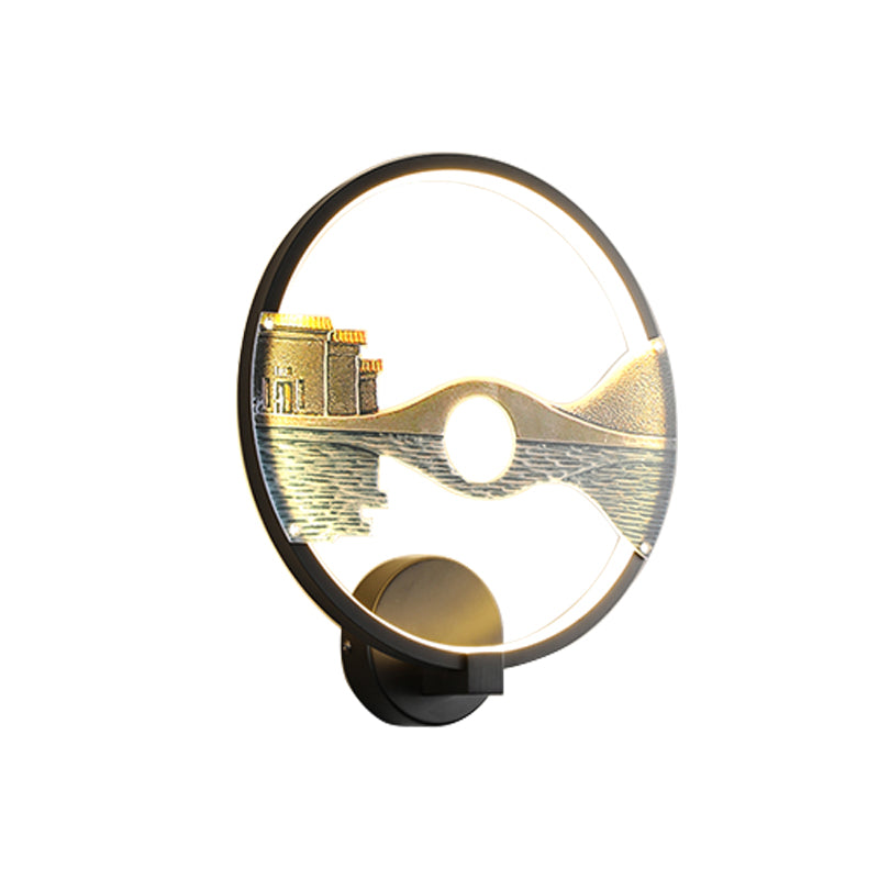 BowLift | Black/White Round Wall Light LED Acrylic Wall Mount Lamp with Chinese Landscape Pattern, 12 Diameter"