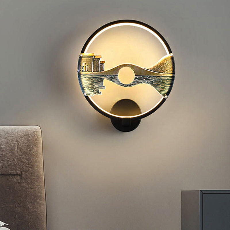BowLift | Black/White Round Wall Light LED Acrylic Wall Mount Lamp with Chinese Landscape Pattern, 12 Diameter"