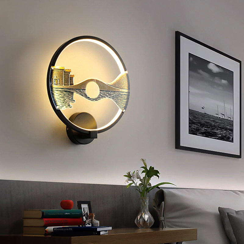 BowLift | Black/White Round Wall Light LED Acrylic Wall Mount Lamp with Chinese Landscape Pattern, 12 Diameter"