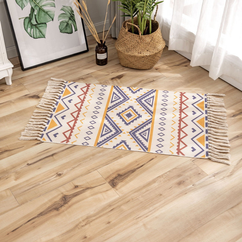BowLift | Classic geometric printed rug Multicolored cotton blend rug easy to maintain washable rug with fringes for the bedroom