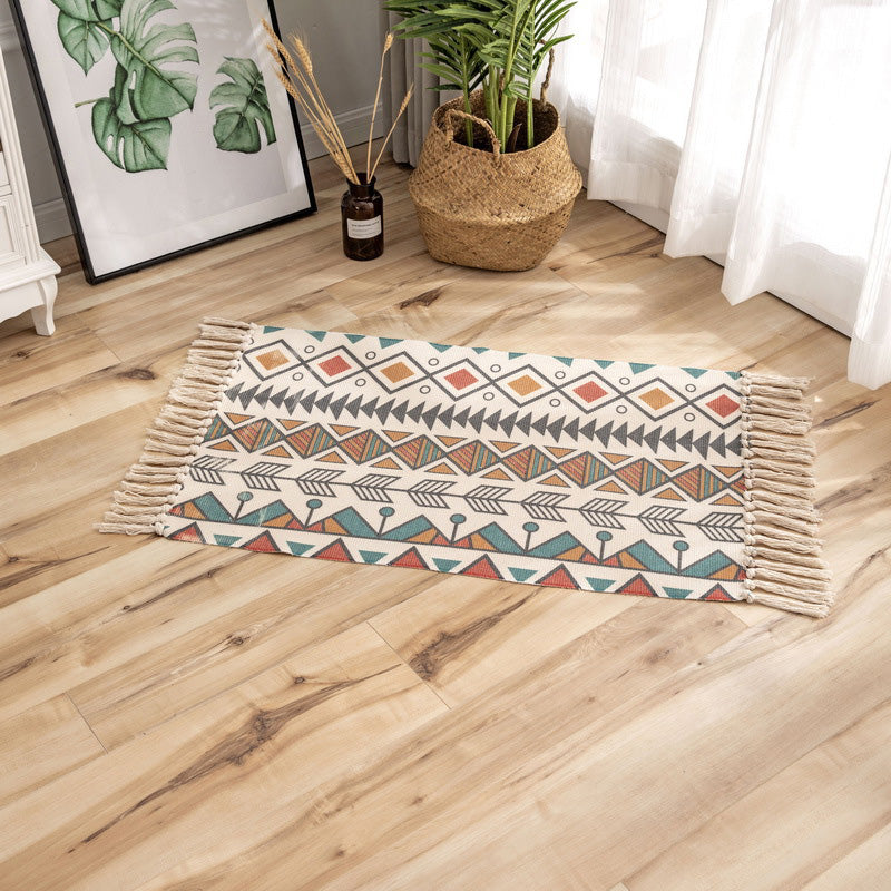 BowLift | Classic geometric printed rug Multicolored cotton blend rug easy to maintain washable rug with fringes for the bedroom