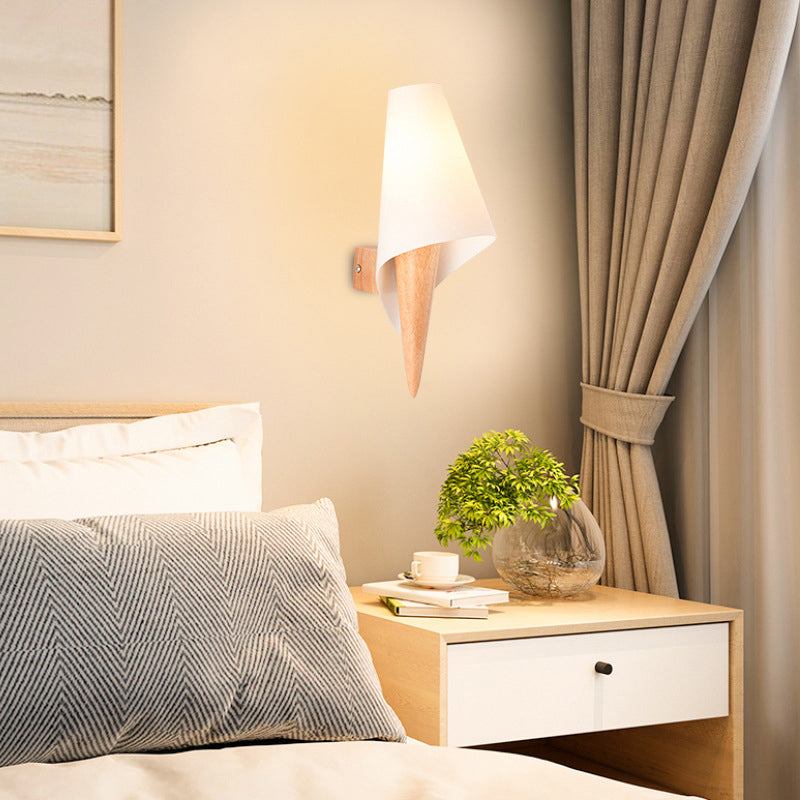 BowLift | Ice Cream Cone Wall Mounted Lamp Simplicity Wood Single Bulb Nightstand Wall Light with White Glass Shade