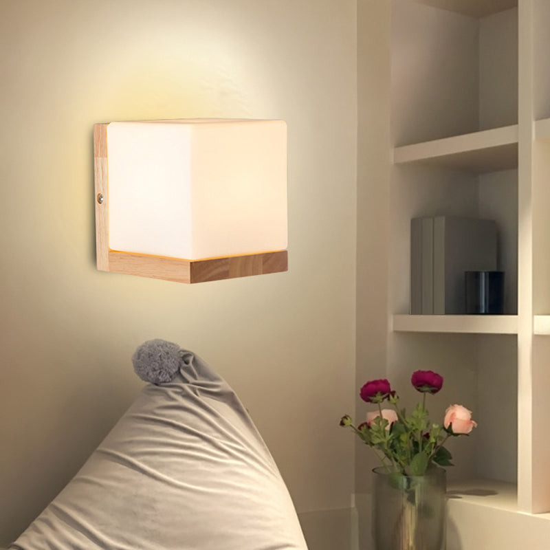 BowLift | Cube-shaped Wall Light Nordic Style White Glass 1-light Nightstand Wall Lighting with Wood Backplate