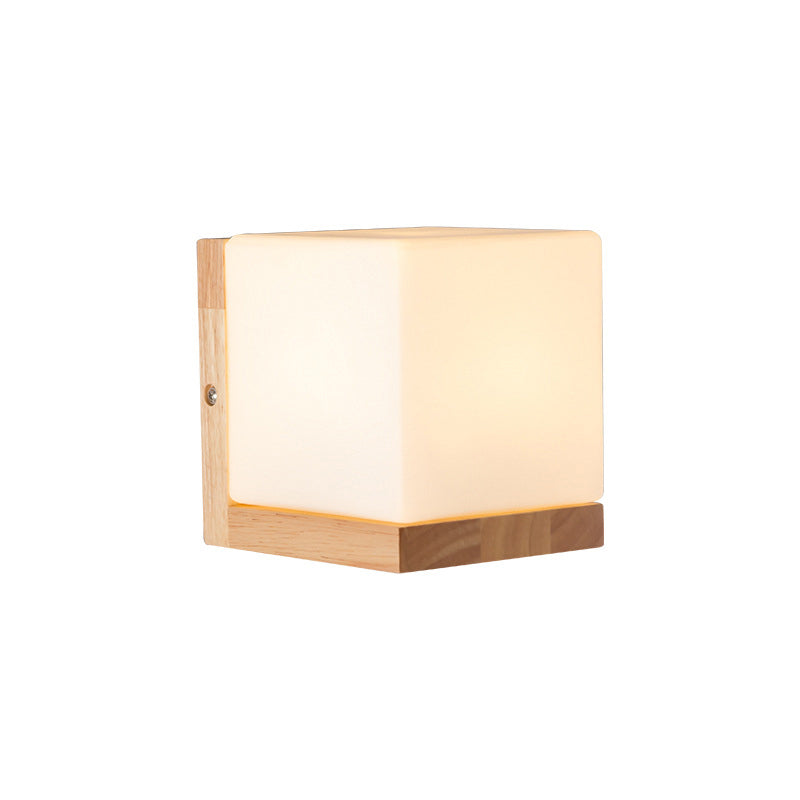 BowLift | Cube-shaped Wall Light Nordic Style White Glass 1-light Nightstand Wall Lighting with Wood Backplate