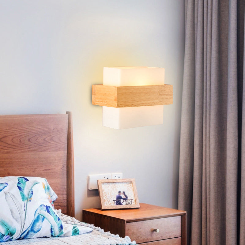 BowLift | White Glass Rectangular Wall Lamp Modern Recessed Light with Wood Decor and Single Bulb