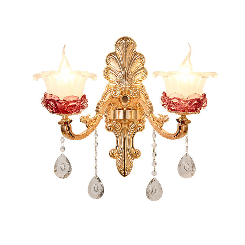 BowLift | Flower Milk Glass Wall Lamp Vintage Style 1/2-Light Brass Finish Wall Sconce with Clear Crystal Decoration