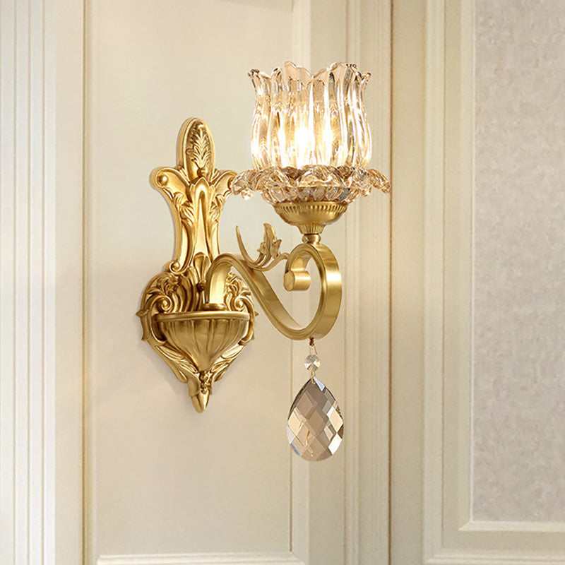 BowLift | Clear Crystal Flower Wall Lights Contemporary 1-Light Wall Sconce with Carved Arm in Gold for Hallway