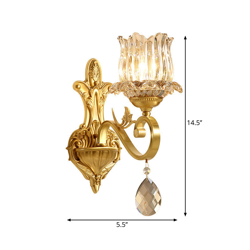 BowLift | Clear Crystal Flower Wall Lights Contemporary 1-Light Wall Sconce with Carved Arm in Gold for Hallway