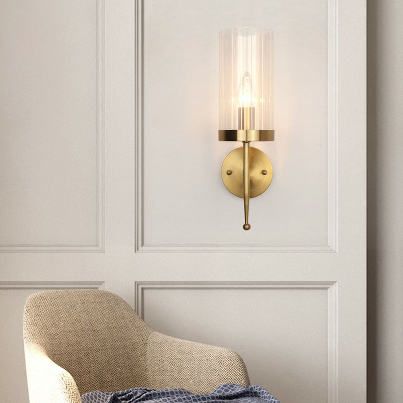 BowLift | Fluted Glass Cylinder Wall Lamp Post-Modern 1 Head Gold Finish Wall Light for Living Room