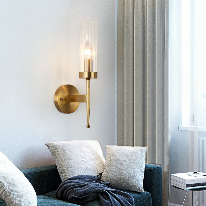 BowLift | Fluted Glass Cylinder Wall Lamp Post-Modern 1 Head Gold Finish Wall Light for Living Room