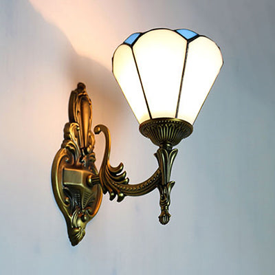 BowLift | Vintage style cone lamp wall lighting stained glass 1 light living room wall lamp in white/blue