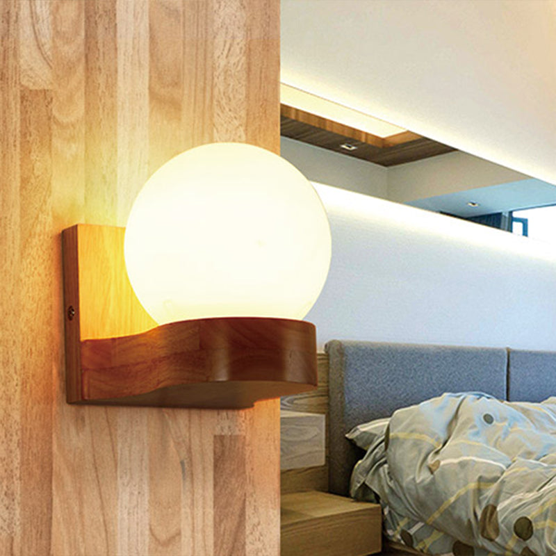 BowLift | Ball-shaped Foyer Wall Light Opal Glass 1-Light Nordic Wall Light in Wood
