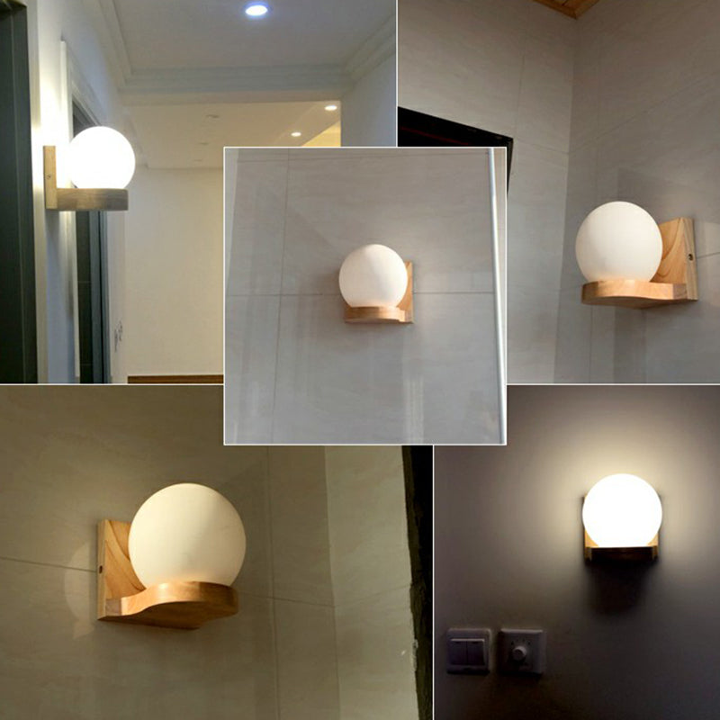 BowLift | Ball-shaped Foyer Wall Light Opal Glass 1-Light Nordic Wall Light in Wood