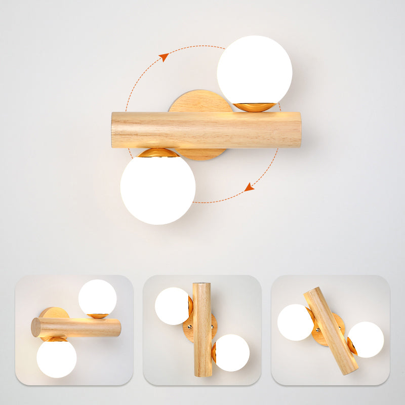 BowLift | White glass ball rotating wall lamp Nordic 2 bulbs wooden wall-mounted lamp for bedroom