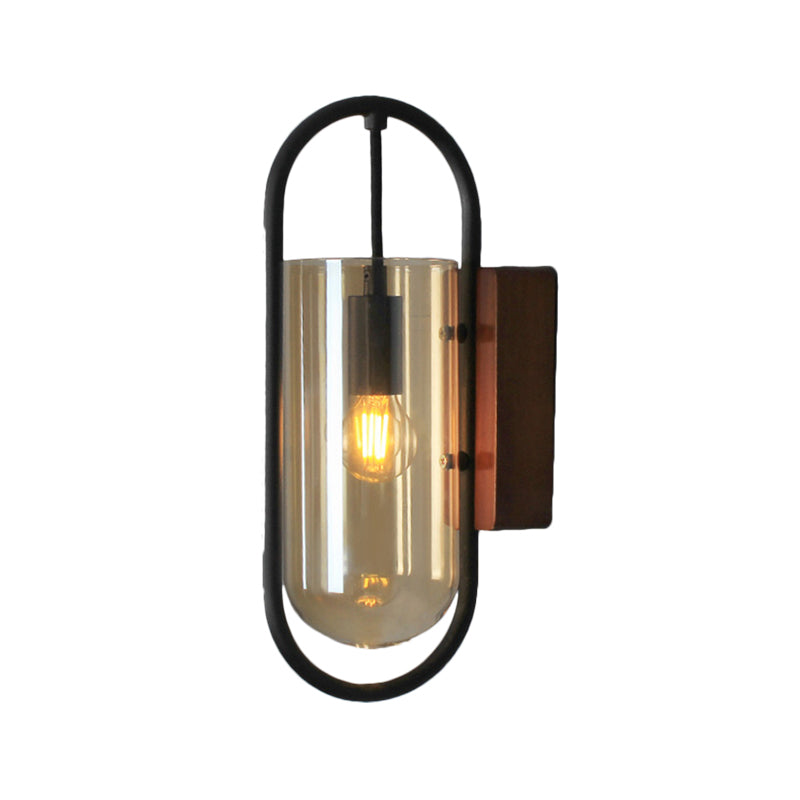 BowLift | Black Cylinder Wall Light Industrial 1 Light Clear/Amber Glass Wall Mount Light