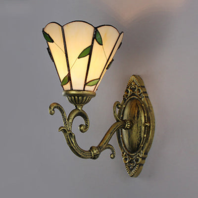 BowLift | Conic Wall Light with Stained Glass 1 Head Vintage Wall Lighting in White/Green for Hallway