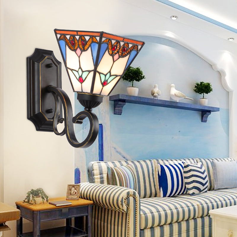 BowLift | Stained Glass Wall Lighting with Baroque/Flower/Gem/Magnolia Pattern Tiffany 1 Light Indoor Wall Lamp in Blue