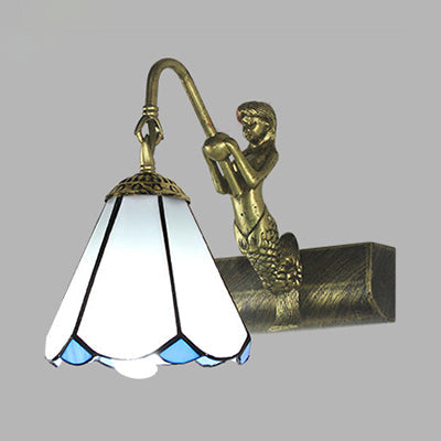 BowLift | 1 Head Bathroom Wall Light Tiffany Antique Brass Sconces Light with Cone White/Green Glass Shade