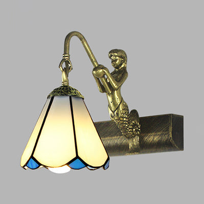 BowLift | 1 Head Bathroom Wall Light Tiffany Antique Brass Sconces Light with Cone White/Green Glass Shade