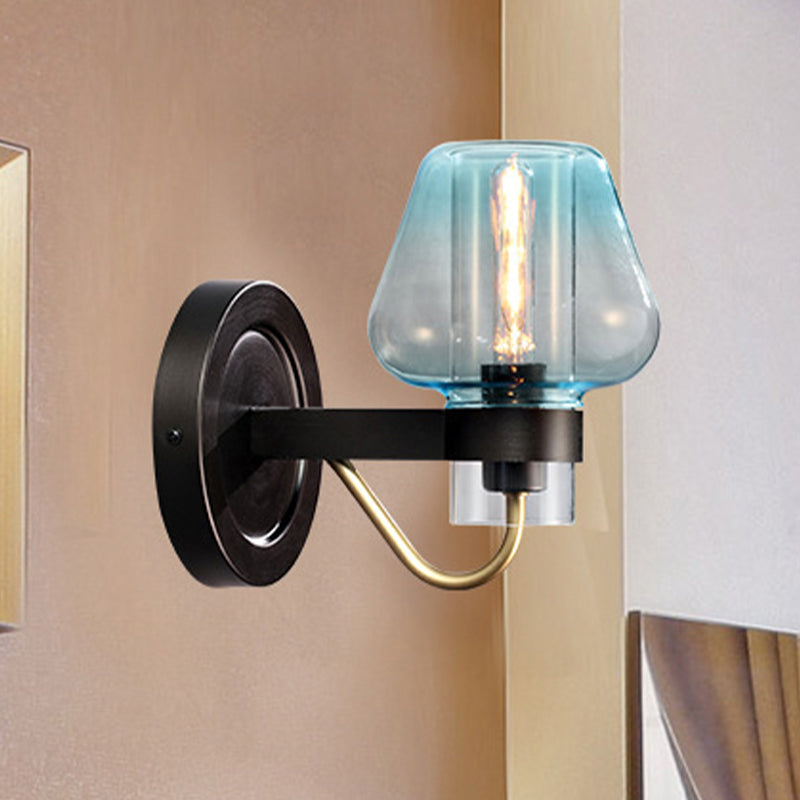 BowLift | Tapered Shade Bedroom Wall Light Modern Blue Glass 1 Light Black Wall Lamp