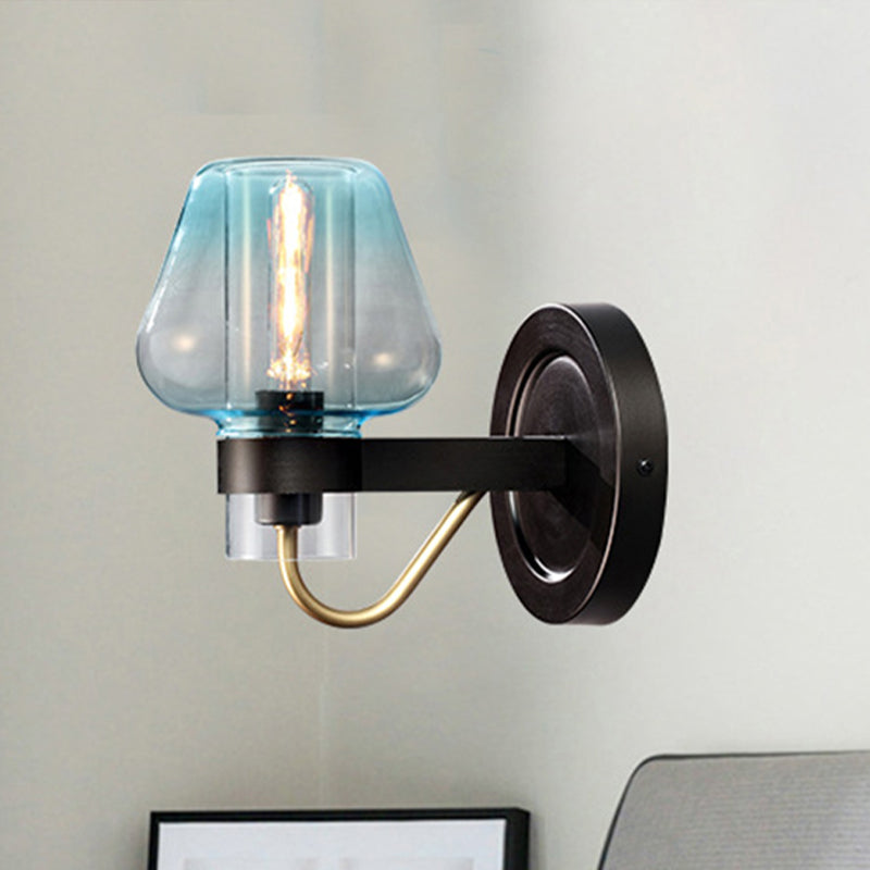 BowLift | Tapered Shade Bedroom Wall Light Modern Blue Glass 1 Light Black Wall Lamp
