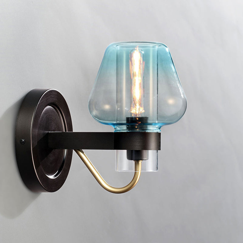 BowLift | Tapered Shade Bedroom Wall Light Modern Blue Glass 1 Light Black Wall Lamp