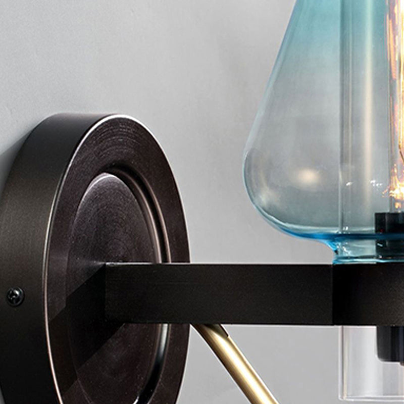 BowLift | Tapered Shade Bedroom Wall Light Modern Blue Glass 1 Light Black Wall Lamp