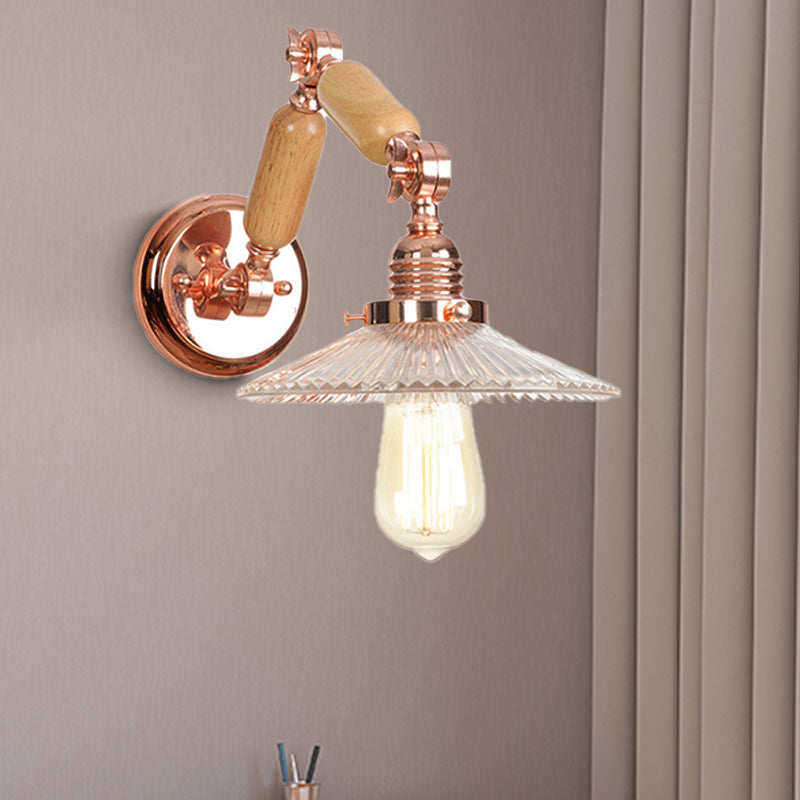 BowLift | A wall light with a light bulb and conical shade made of clear prismatic glass, industrial wall lamp for the living room with curved arm