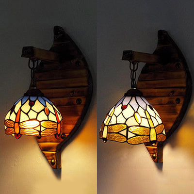 BowLift | Vintage Arched Wall Lamp Stained Glass 1 Light Hanging Wall Light with Dragonfly Pattern in Purple/Blue