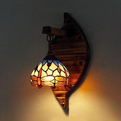 BowLift | Vintage Arched Wall Lamp Stained Glass 1 Light Hanging Wall Light with Dragonfly Pattern in Purple/Blue