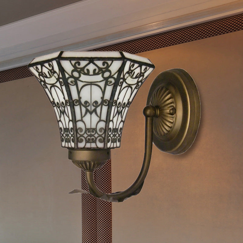 BowLift | Tiffany style mini wall lamp with curved arm 1 light art glass wall lighting in antique brass