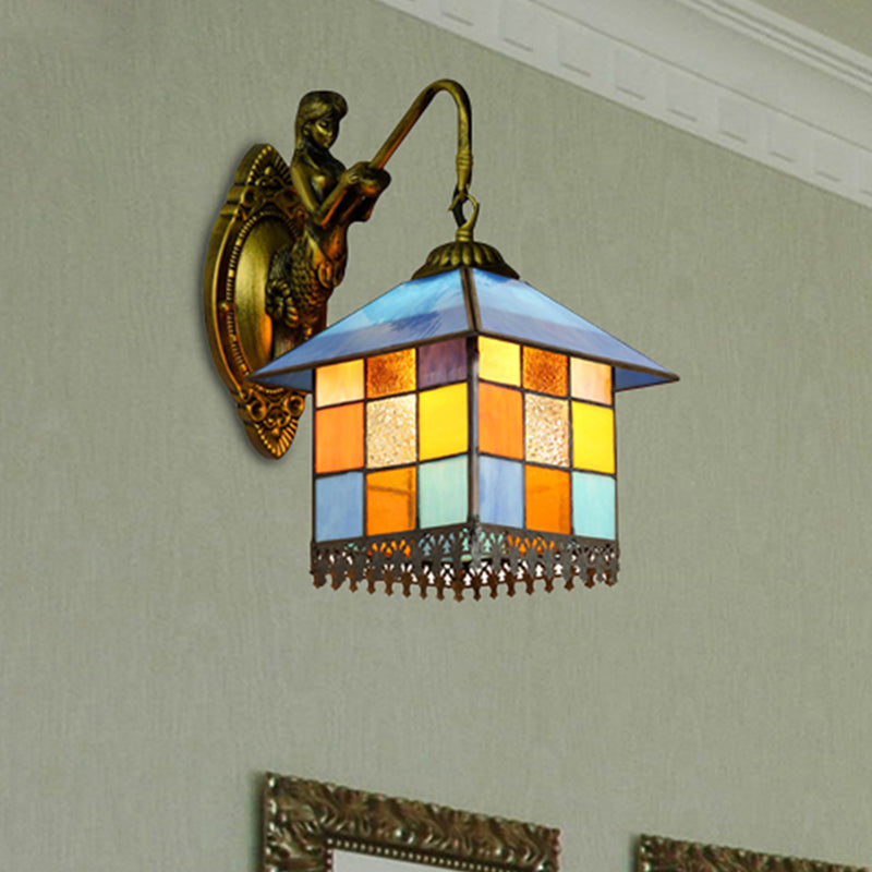BowLift | House Wall Light Mediterranean Multicolor Stained Glass 1 Head Antique Brass Wall Light
