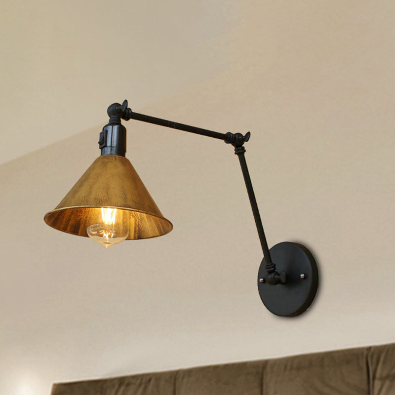 BowLift | Swing Arm Bedroom Wall Light Vintage Style Metallic 1 Head Antique Brass Wall Lamp with Cone Shade