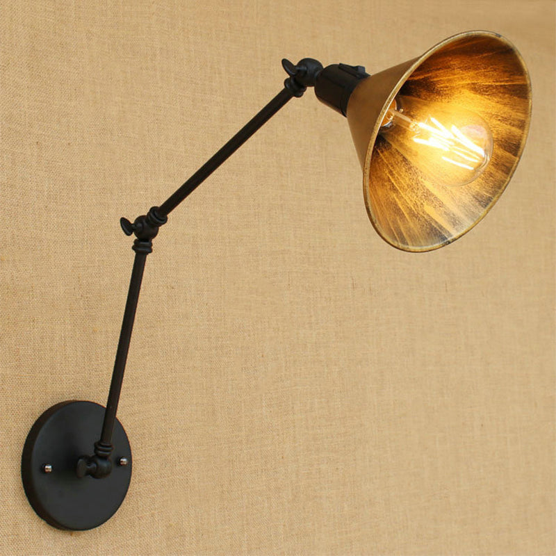 BowLift | Swing Arm Bedroom Wall Light Vintage Style Metallic 1 Head Antique Brass Wall Lamp with Cone Shade