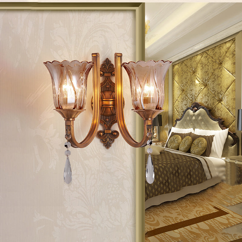 BowLift | Cognac Glass Flower Wall Mounted Light Vintage 1/2 Heads Brass Wall Light with Crystal Drops