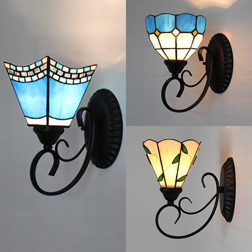 BowLift | Tiffany Scalloped Edged Wall Lamp Tempered Glass 1 Head Multicolor Wall Mount Fixture in Chandelier Blue/Beige/Blue-White for Stair