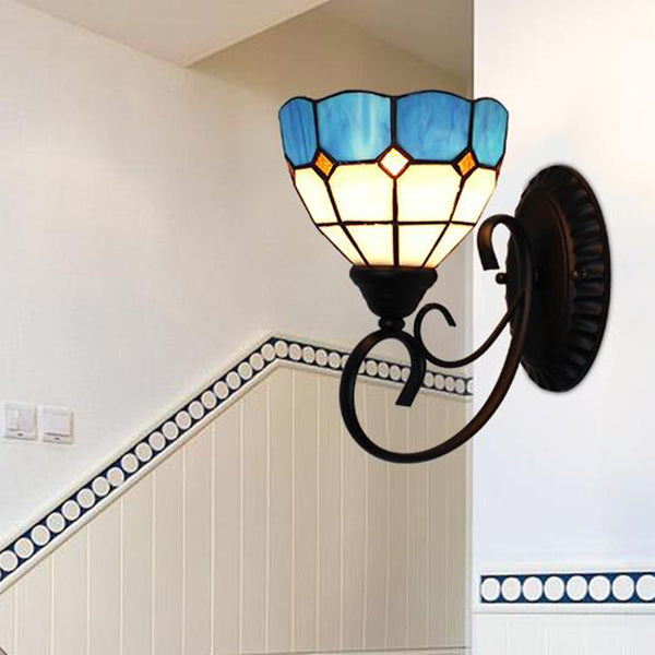 BowLift | Tiffany Scalloped Edged Wall Lamp Tempered Glass 1 Head Multicolor Wall Mount Fixture in Chandelier Blue/Beige/Blue-White for Stair