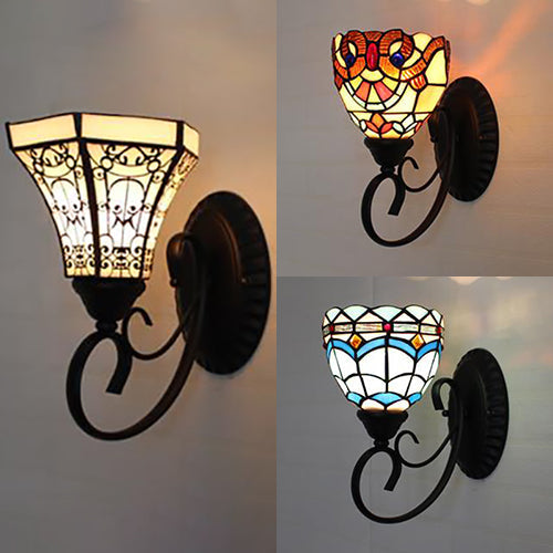 BowLift | Colorful Wall Lamp Lodge Stained Glass 1 Light Wall Lamp Fixture in White/Brown/Blue for Corridor
