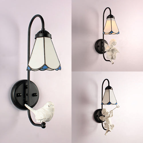 BowLift | White Glass Cone Wall Light Tiffany 1 Head Black Wall Mount Light with Trumpet/Violin/Bird Decoration