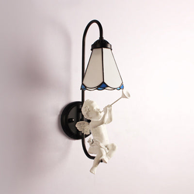 BowLift | White Glass Cone Wall Light Tiffany 1 Head Black Wall Mount Light with Trumpet/Violin/Bird Decoration