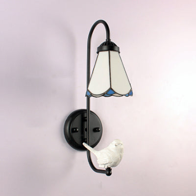 BowLift | White Glass Cone Wall Light Tiffany 1 Head Black Wall Mount Light with Trumpet/Violin/Bird Decoration