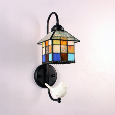 BowLift | House Stained Glass Wall Light Baroque 1 Head Black Wall Mounted Lamp with Boy/Bird/Angel Decoration