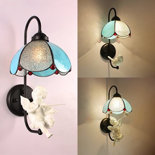 BowLift | Blue Petal Wall Lamp Tiffany 1 Head Stained Glass Wall Light with Bird/Trumpet/Mailing Decoration