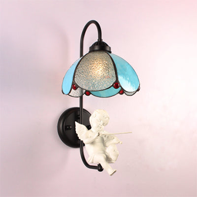 BowLift | Blue Petal Wall Lamp Tiffany 1 Head Stained Glass Wall Light with Bird/Trumpet/Mailing Decoration