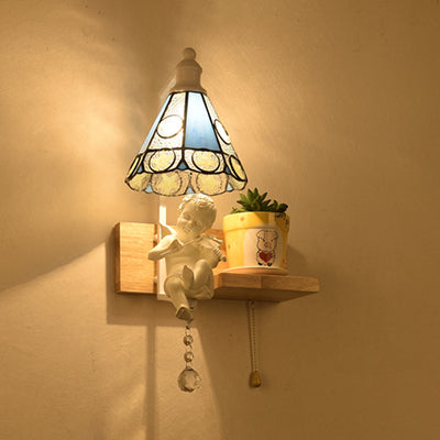 BowLift | Tiffany Scalloped Wall Mount Fixture Stained Glass 1 Light Wall Lamp with Amor Decoration in Yellow/Orange/Green/Clear/Blue