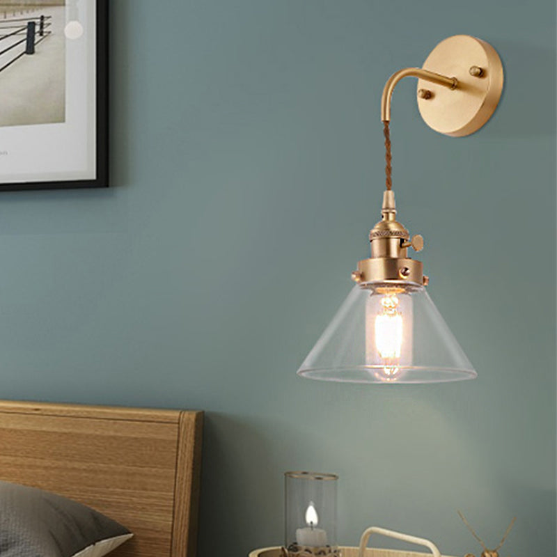BowLift | Clear Conical Glass Shade Wall Lamp Vintage Retro 1 Light Wall Lamp Wall Light in Brass