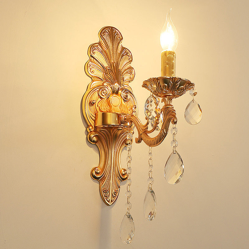 BowLift | Candle Holder Wall Lamp Postmodern Metal 1/2 Heads Living Room Sconce Lamp in Brass with Crystal Drop Accent