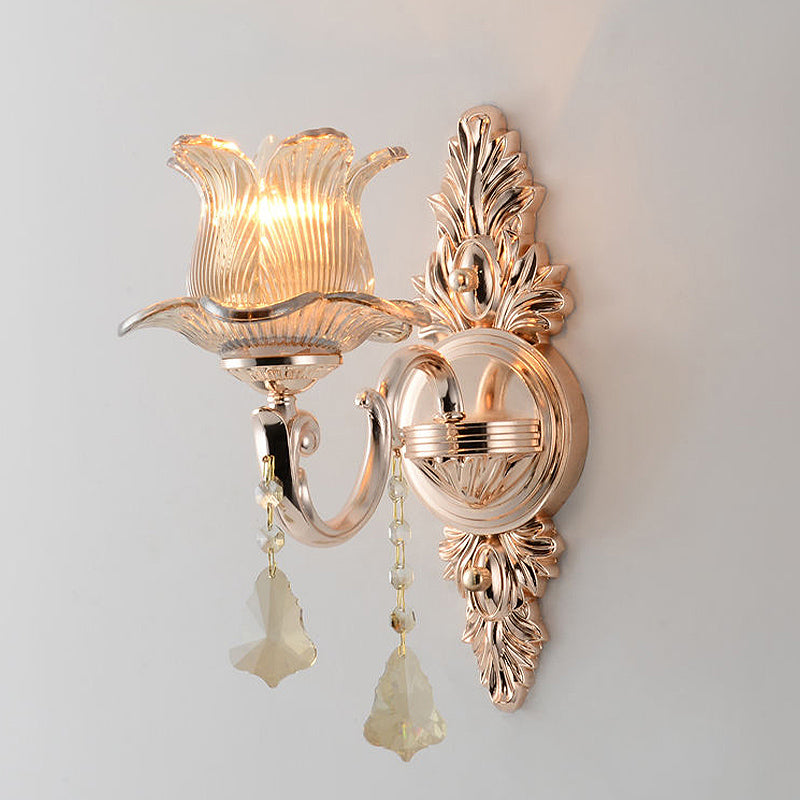 BowLift | Flower Wall Mounted Light Source Modern Prism Glass 1/2 Heads Brass Wall Lamp with Crystal Drop Accent