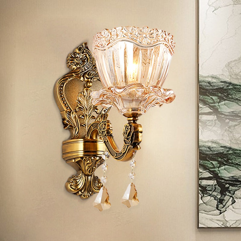 BowLift | Amber Glass Flower Wall Light Modern 1/2 Heads Brass Wall Lamp with K9 Crystal Drops