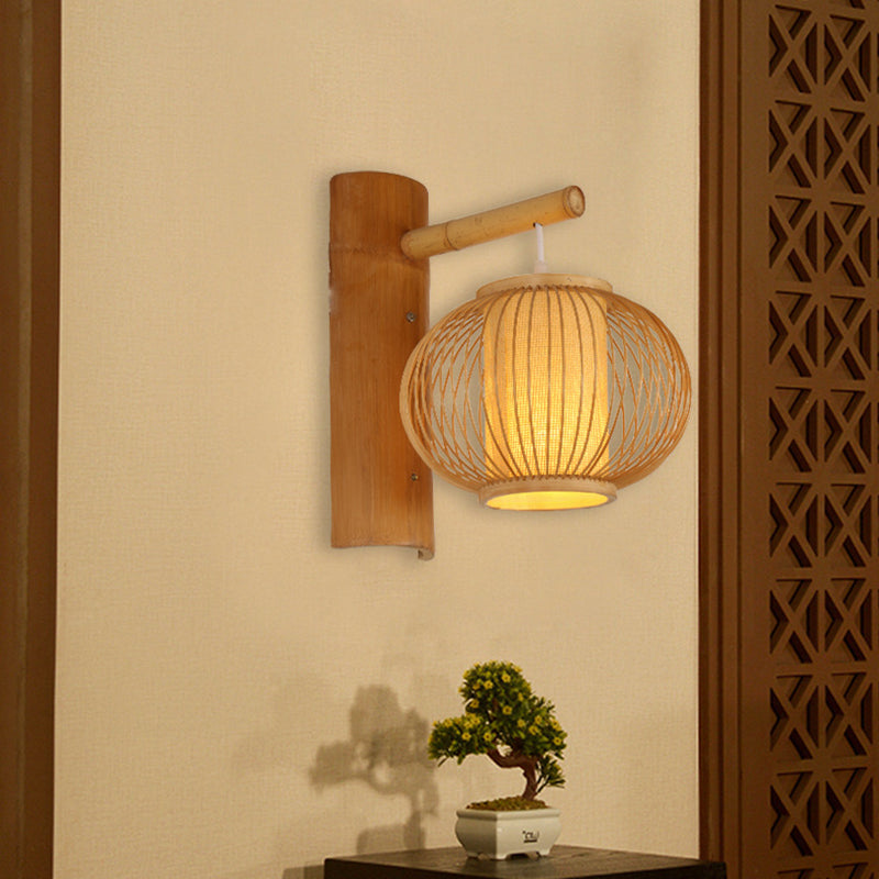 BowLift | Wood Pumpkin Wall Lamp contemporary bamboo 1-bulb wall light with inner cylinder parchment shade